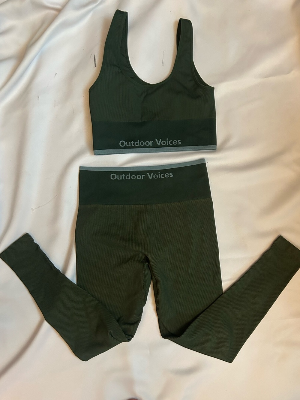 Outdoor Voices Dark Green Ribbed Crop Top and Leggings sport gym matching set